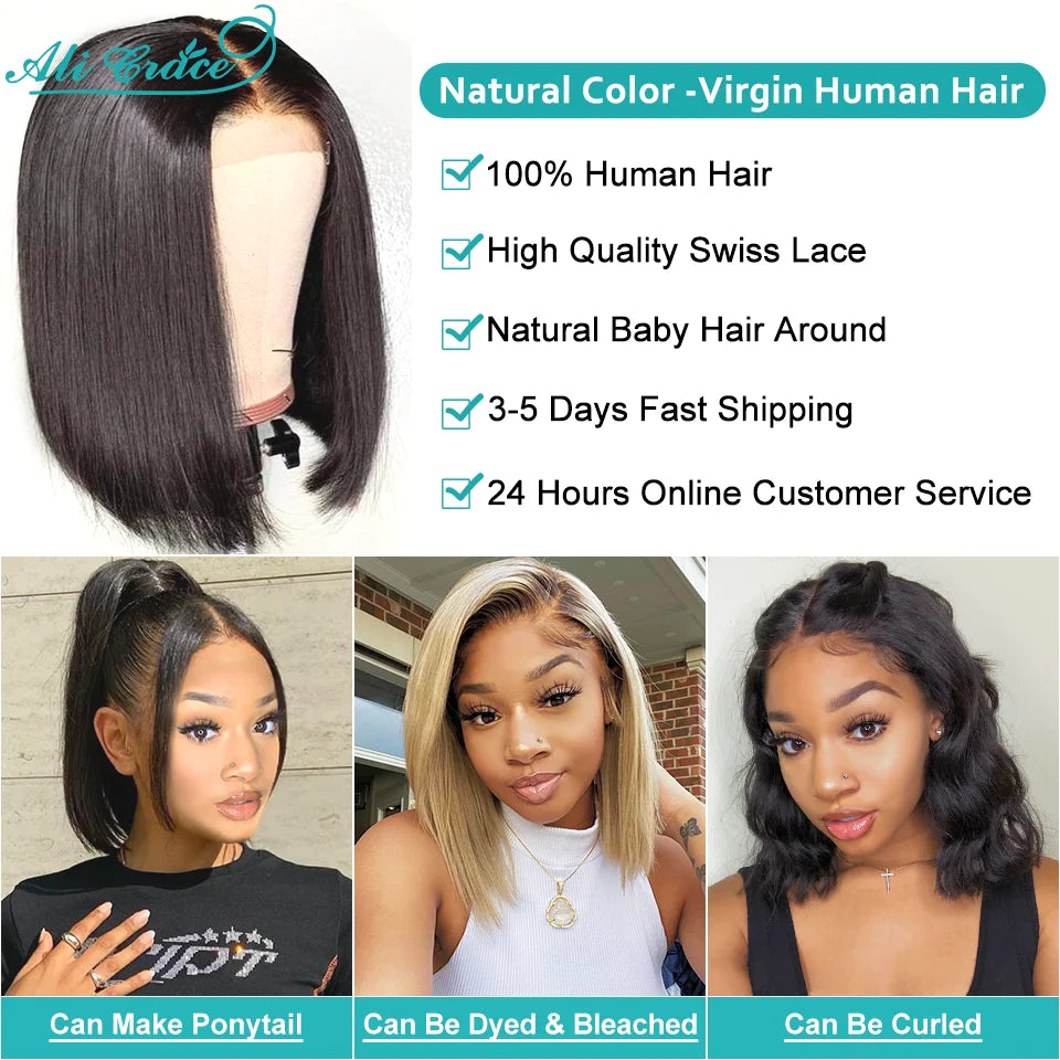 Ali Grace Hair Straight Short Bob Wig 4x4 Lace Closure Wig Brazilian Transparent Lace Remy Human Hair Wigs for Women Pre Plucked