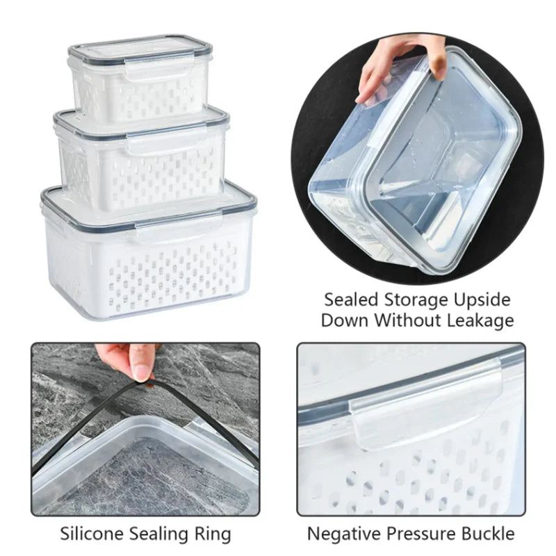 Fridge Organizer Bins Leakproof Plastic Transparent Kitchen Food Pantry Storage Containers With Lids and Removable Colanders