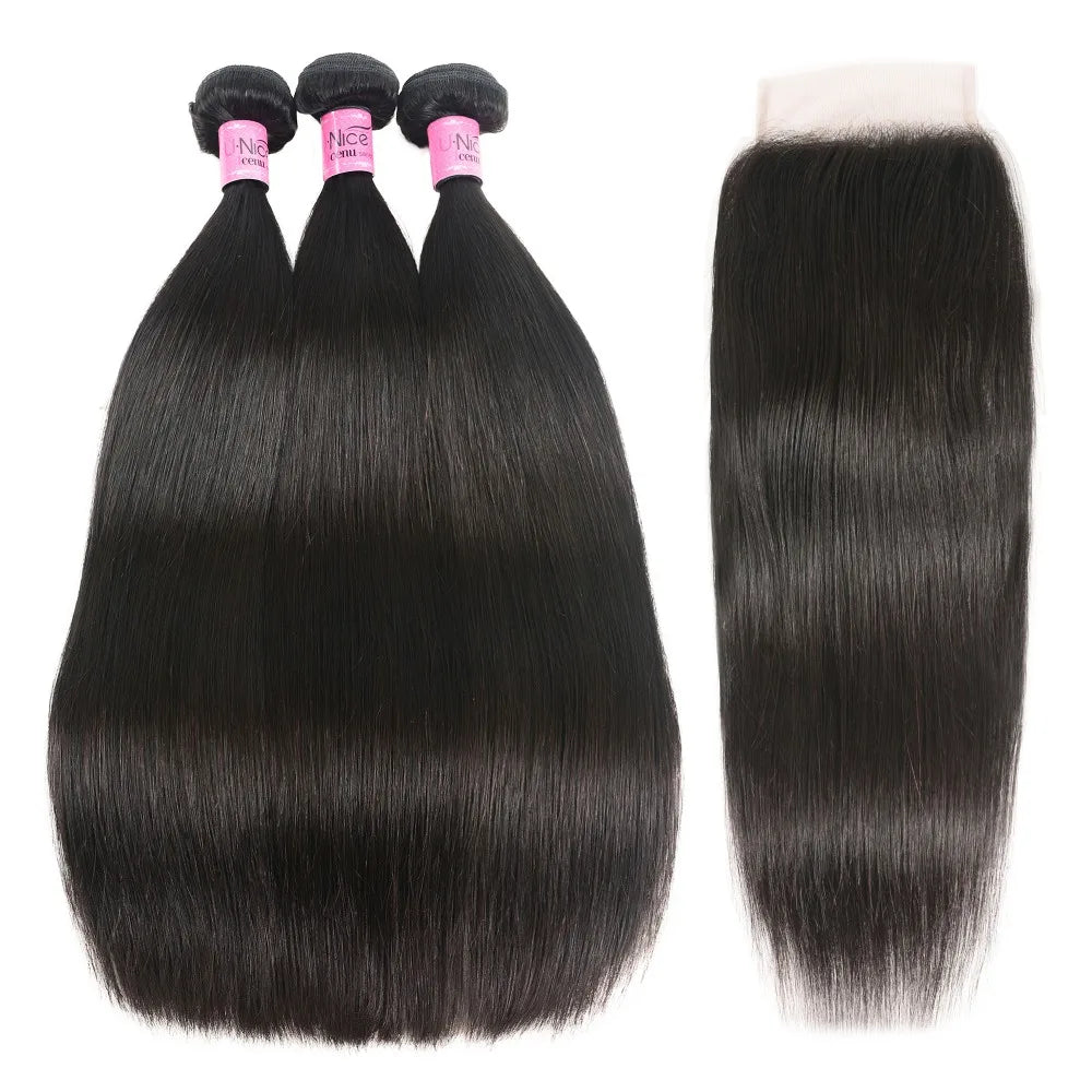 UNice Hair 5X5 HD Lace Closure 28 30 Inch With Peruvian Straight Hair 3 Bundles 4PCS 4x4 Swiss Lace Human Hair Weave Remy Hair
