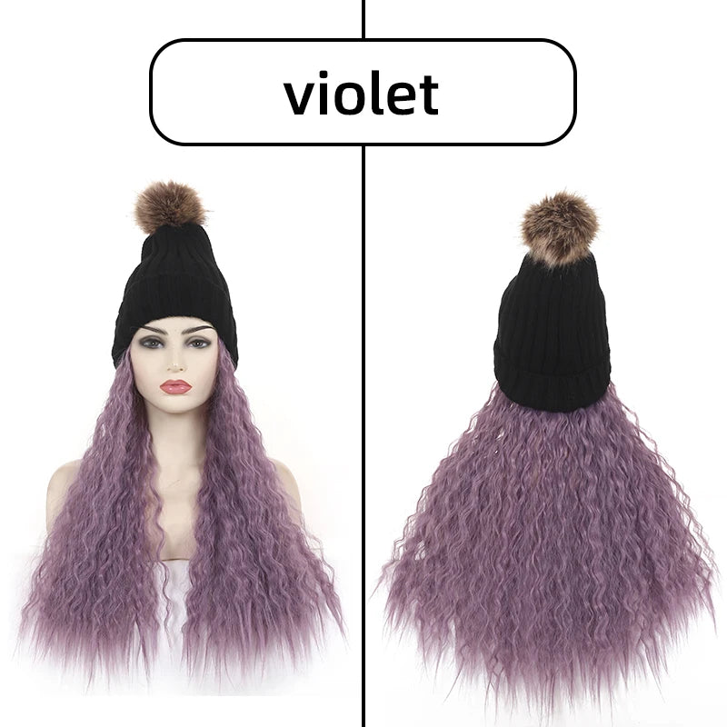 Fashion Warm Winter Beanie Kinky Curly Hair Wig Attached Hat Cap With Hair Natural Brown Long Synthetic Wig for Black Women