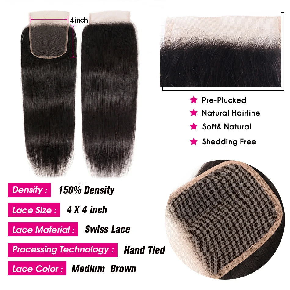 Unice Hair Malaysian Straight Hair Lace Closure 4X4 Free Part Remy Human Hair Closure Swiss Lace 1 PCS 150% Density