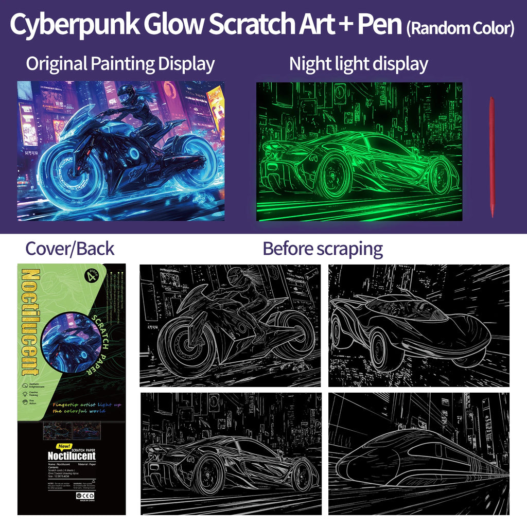 New Cyberpunk Glow in the Dark Scratch off Painting Will Shine Motorcycle Sports Car Creative Scratch Book