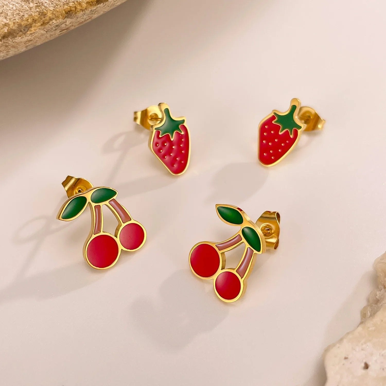 Strawberry Cherry Enamel 14K Gold Plated Women Ladies Stud Earring Stainless Steel Small Charm Earring Fashion Jewelry Set Fruit