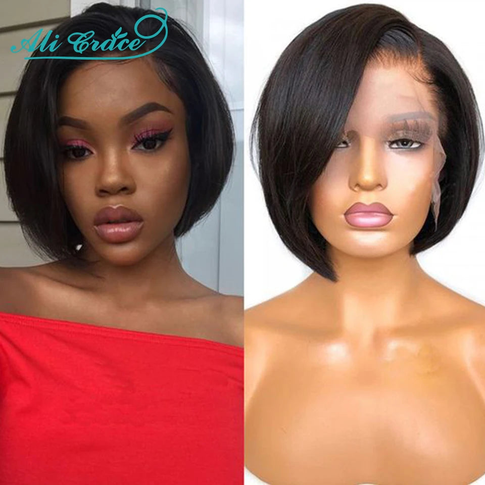 20CM Pixie Cut Blunt Bob Hair Wig Brazilian Short Straight Hair Wigs Pre-plucked Pixie Cut Ali Grace Lace Part Lace Wigs