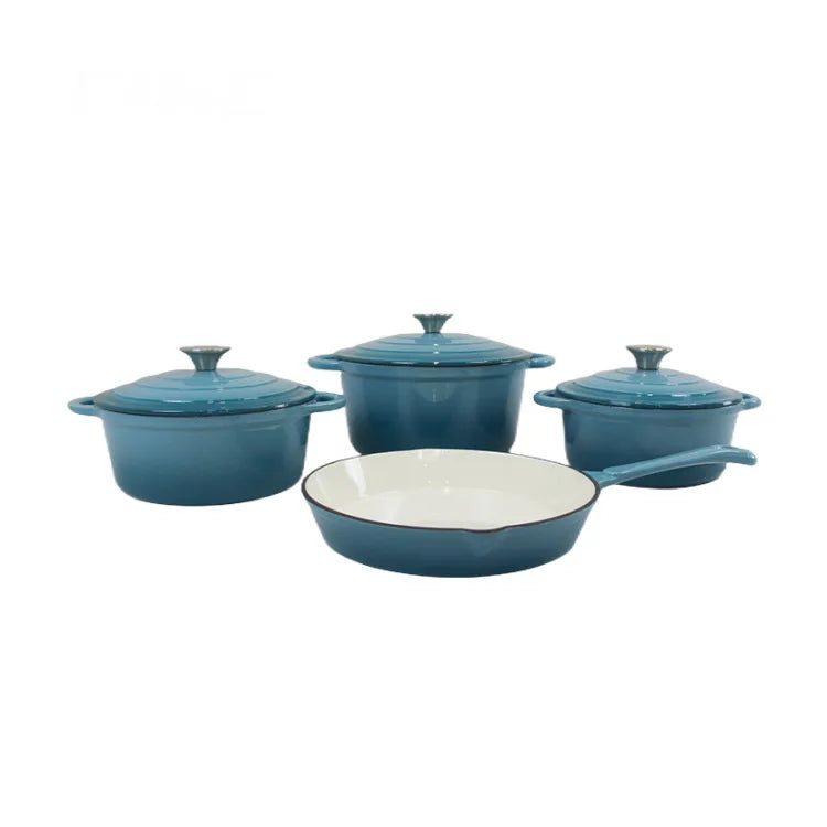 Modern Design 4-Piece Cast Iron Enamel Cookware Set Flat Frying Pan and Soup/Stew Pot Factory-Cast Metal Enamel Pot
