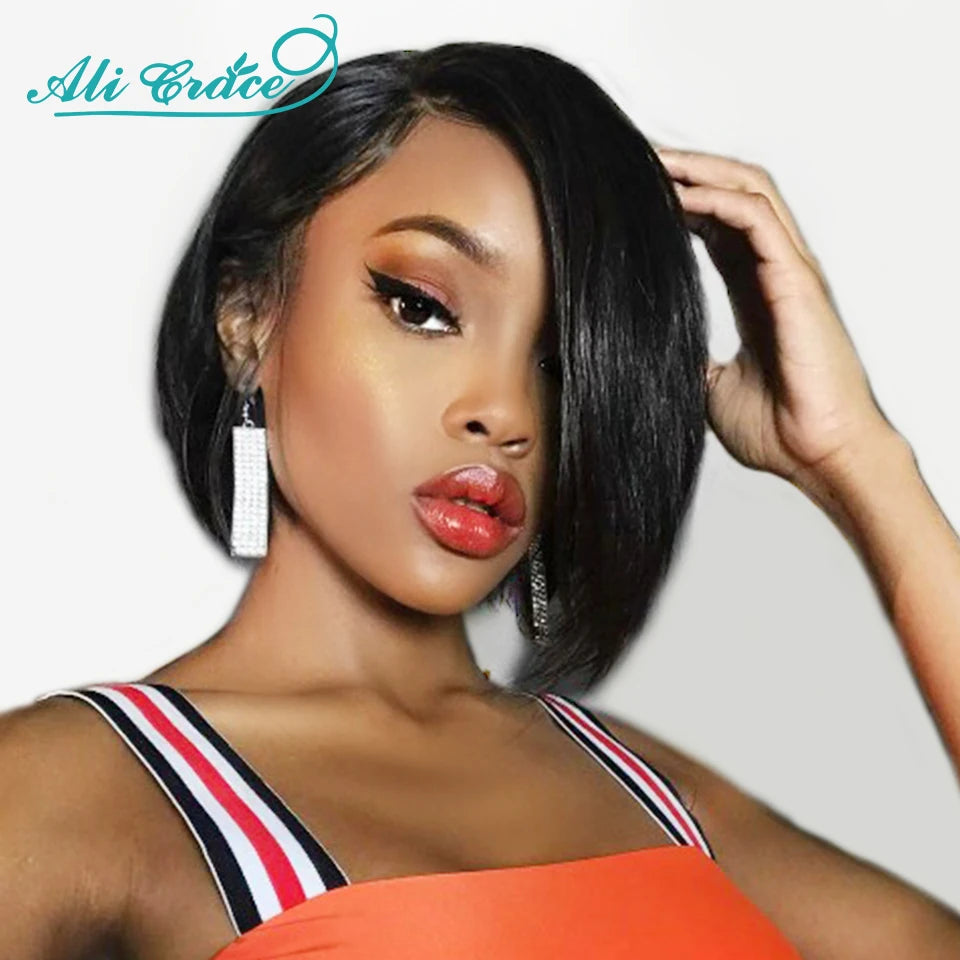 20CM Pixie Cut Blunt Bob Hair Wig Brazilian Short Straight Hair Wigs Pre-plucked Pixie Cut Ali Grace Lace Part Lace Wigs