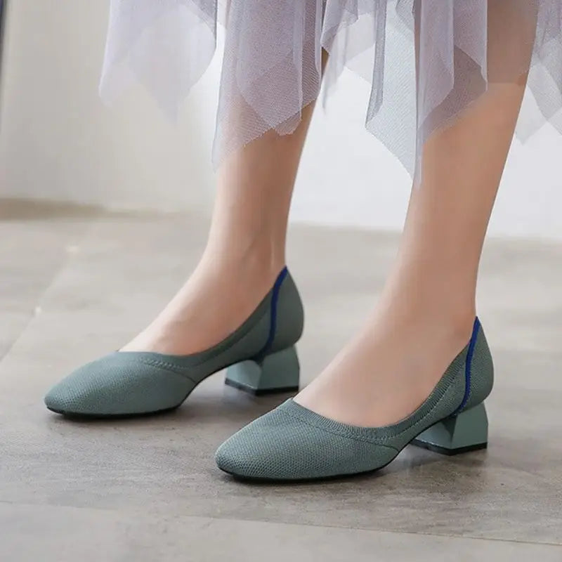 Knitted Fabric Comfortable Office Wear Formal Shoes Slippers Low Block Heels for Women