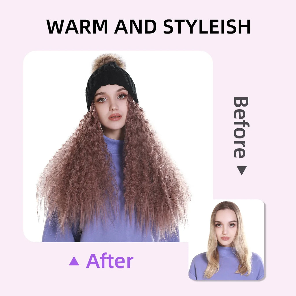Fashion Warm Winter Beanie Kinky Curly Hair Wig Attached Hat Cap With Hair Natural Brown Long Synthetic Wig for Black Women