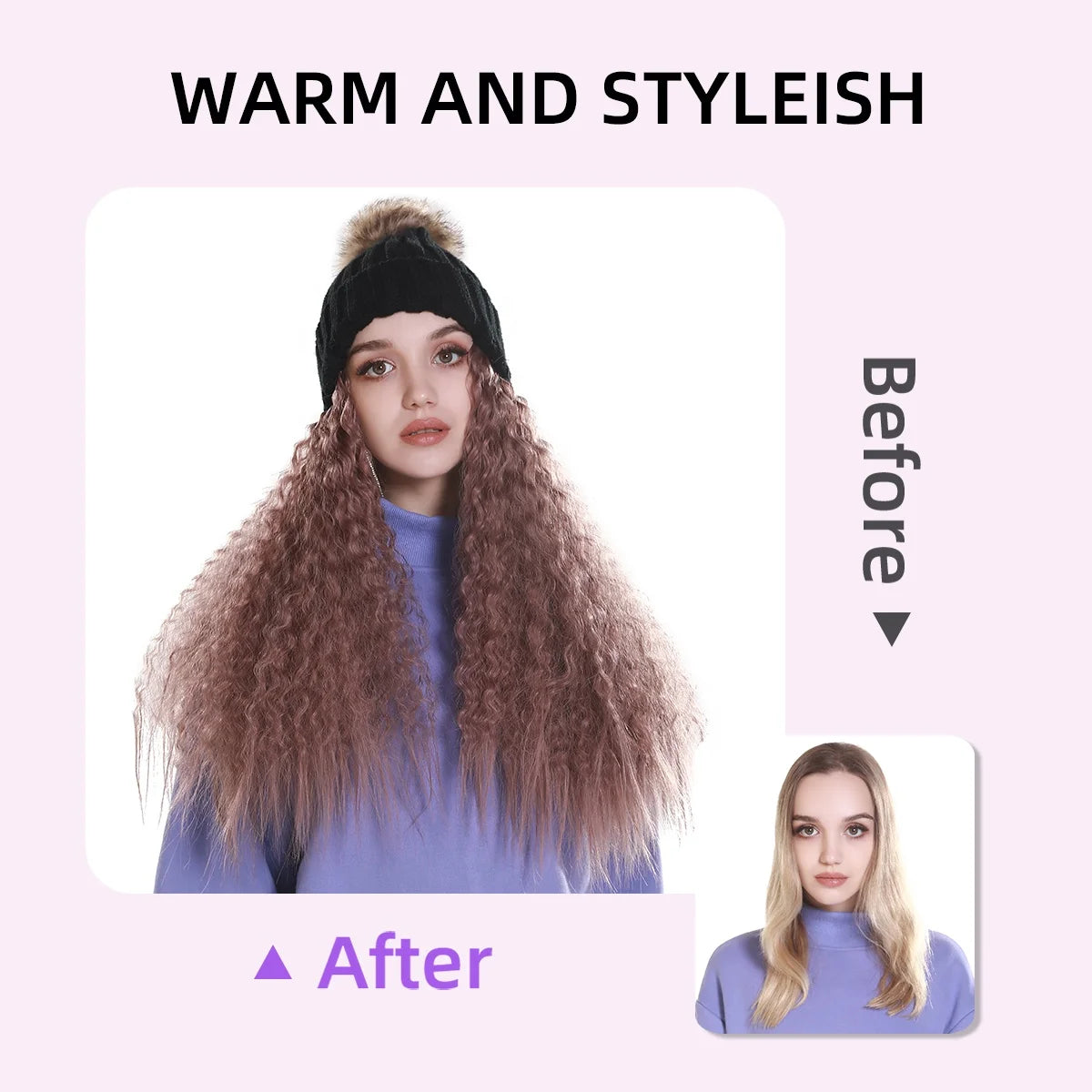 Fashion Warm Winter Beanie Kinky Curly Hair Wig Attached Hat Cap With Hair Natural Brown Long Synthetic Wig for Black Women