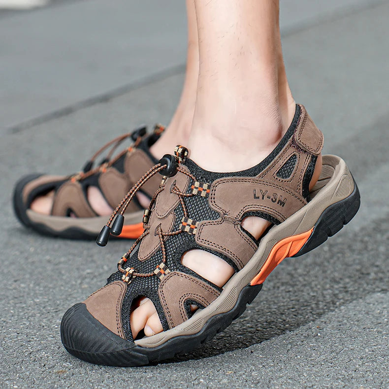 OEM Service Factory Supply Hand Made Anti Slip Comfortable Large Size Close Toe Summer Cow Genuine Leather Sandals for Men
