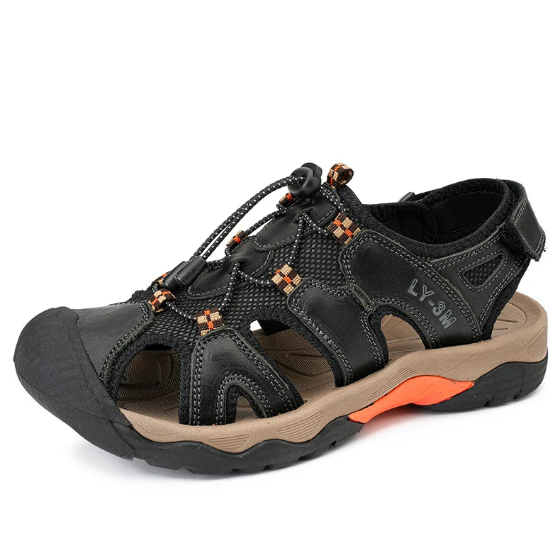 OEM Service Factory Supply Hand Made Anti Slip Comfortable Large Size Close Toe Summer Cow Genuine Leather Sandals for Men