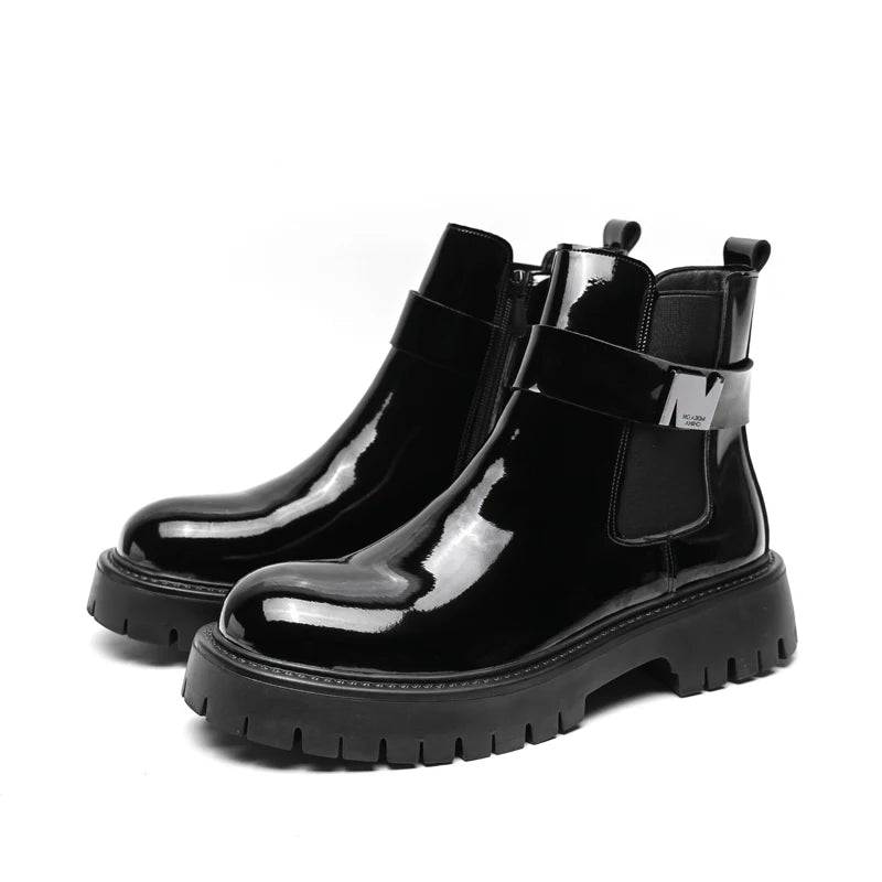 New Patent Leather Platform Men's Ankle Boots Plus Size Round Toe Men chelsea Boots Leather Boots Men