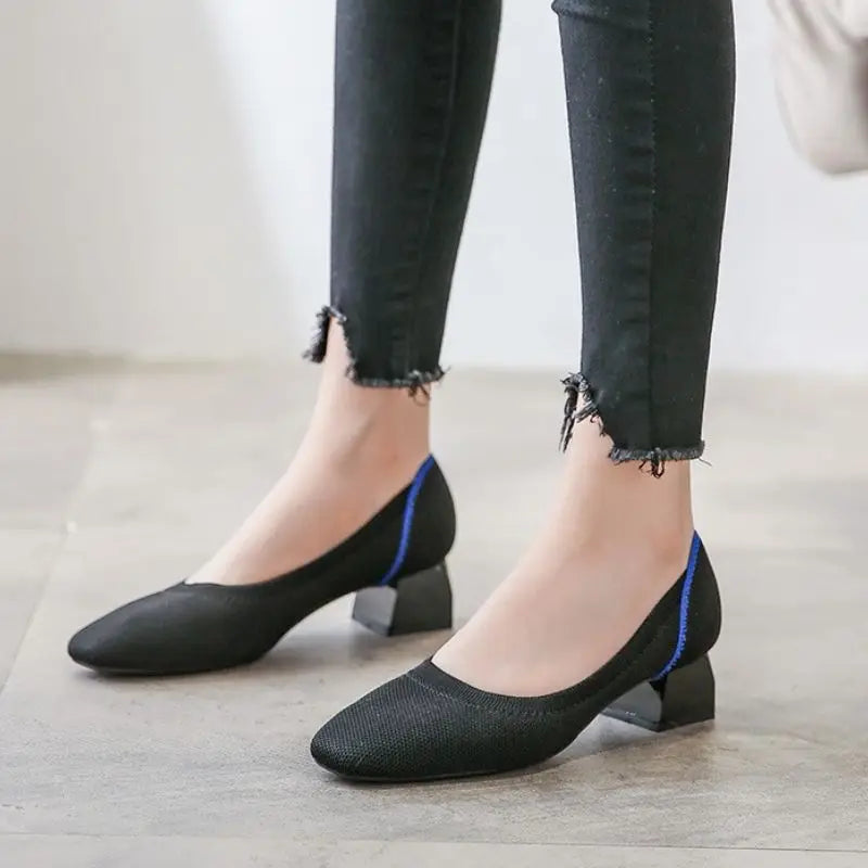 Knitted Fabric Comfortable Office Wear Formal Shoes Slippers Low Block Heels for Women