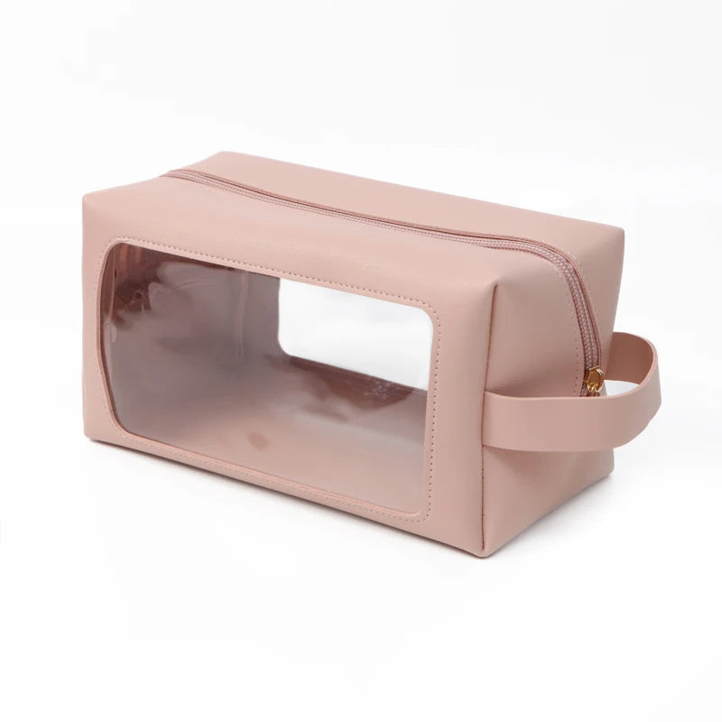 Portable Transparent PVC Toiletry Bags PU Leather Waterproof Zipper Wash Bag Women Makeup Cosmetic Bag for Traveling