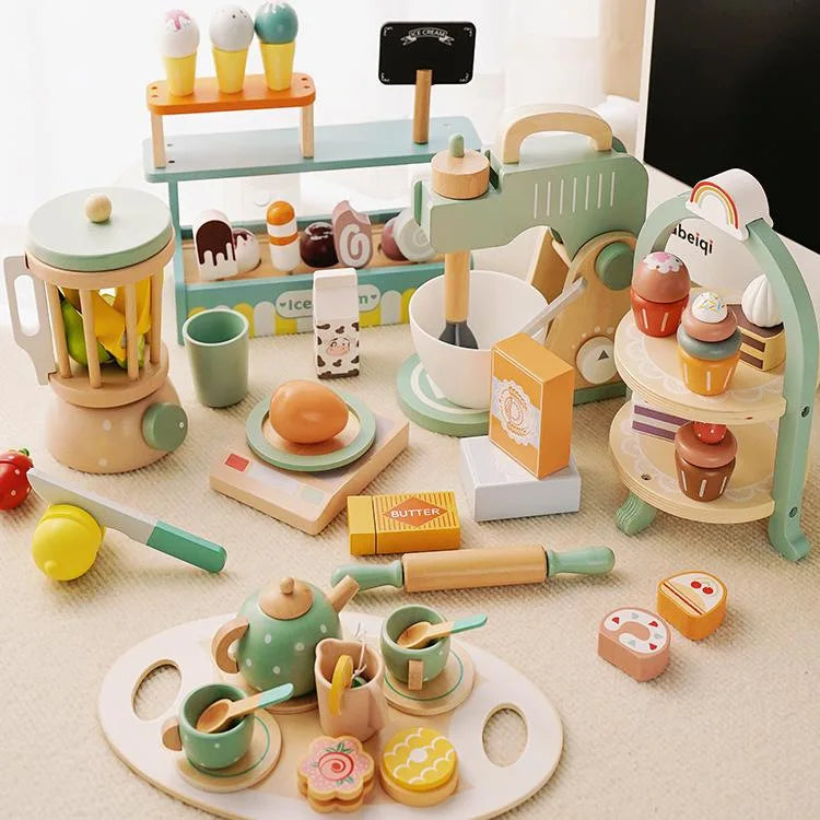 Children's Simulation Dessert Shop Ice Cream Ice Cream Tea Set Sales Shop Boys and Girls Play Home Wooden Toys