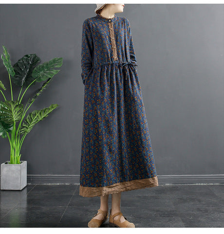 Spring New 2024 vintage printed lace-up waist lace small floral bottoming plus size women's long sleeve dress