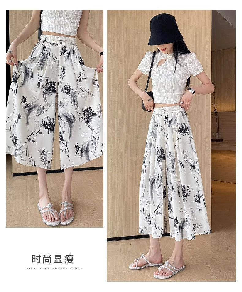 2025 Summer Thin Chiffon Wide-Leg Pants Women's Cropped Culottes Elastic Waist Small National Style Pants New Style Skirt