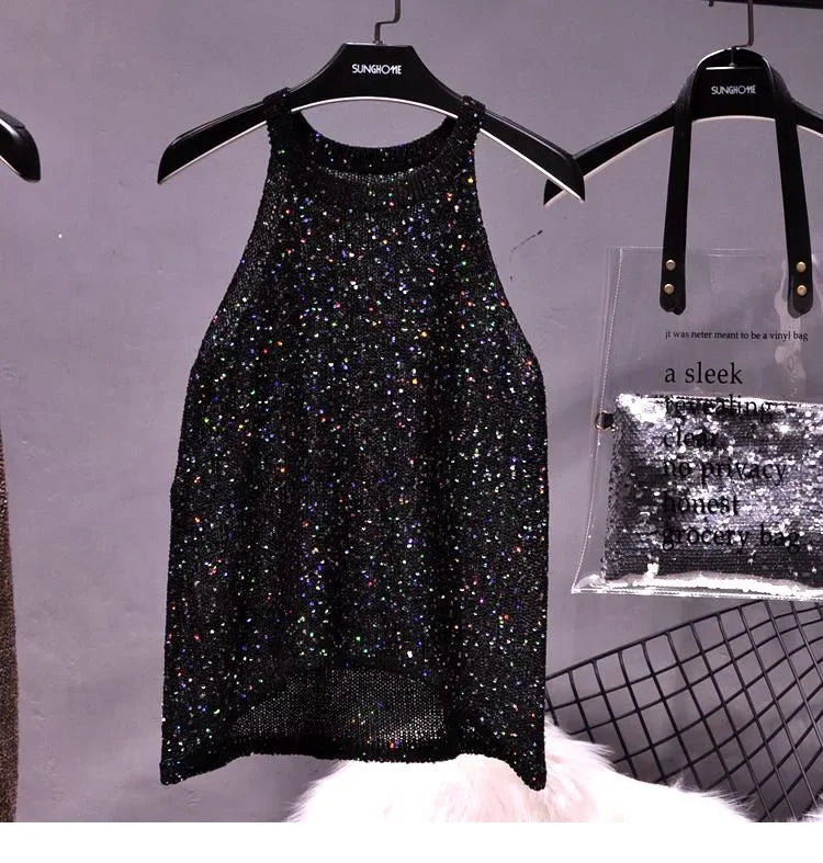 All-Match Summer New Sexy Shoulder Hanging Halter Sequin Strap Ware Shoulder Flash Knitted Hollow Vest Top for Women