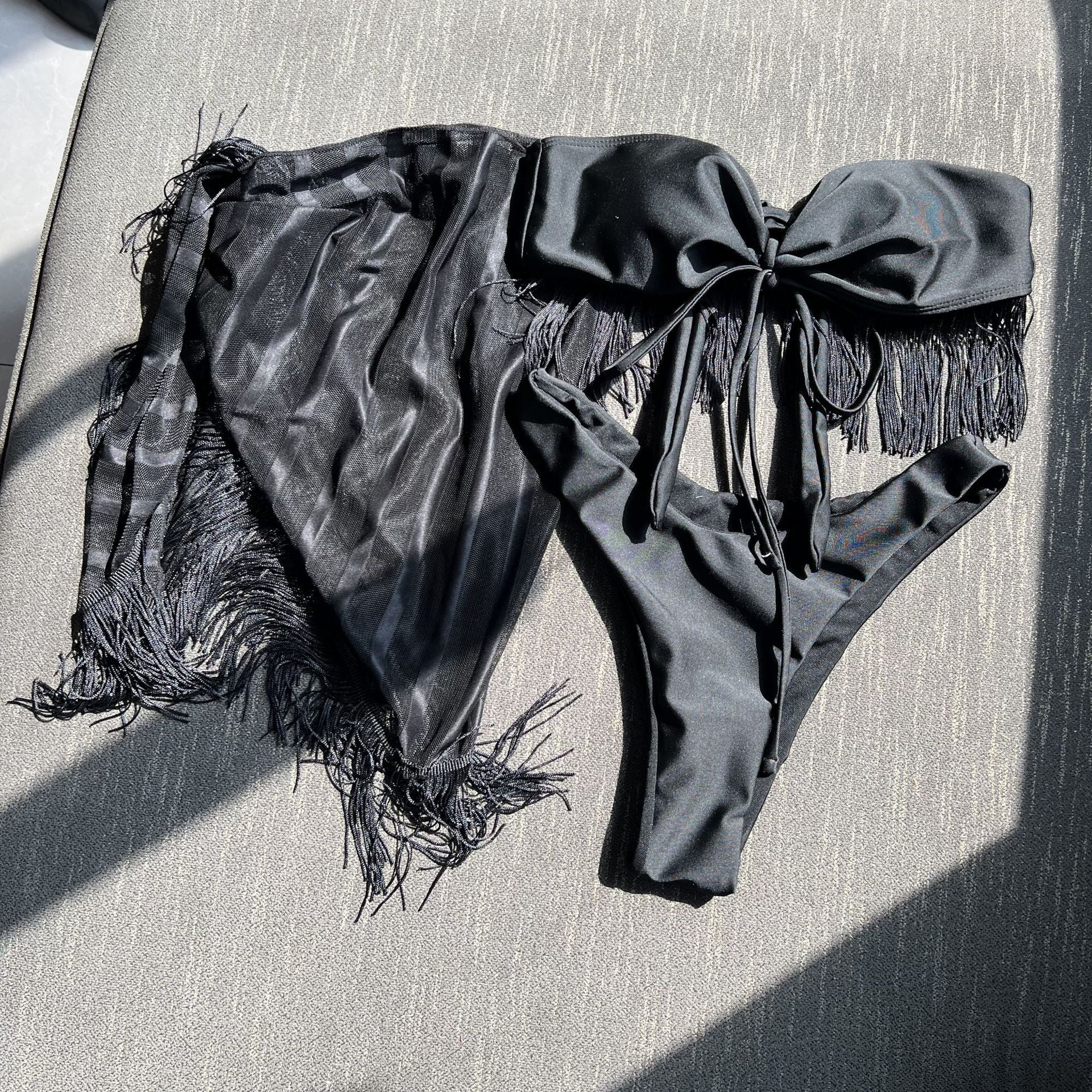 2025 European and American New Style Tassel Tube Top Suspender Mesh Three-Piece Swimsuit Bikini Bikini Cross-Border Aliexpress