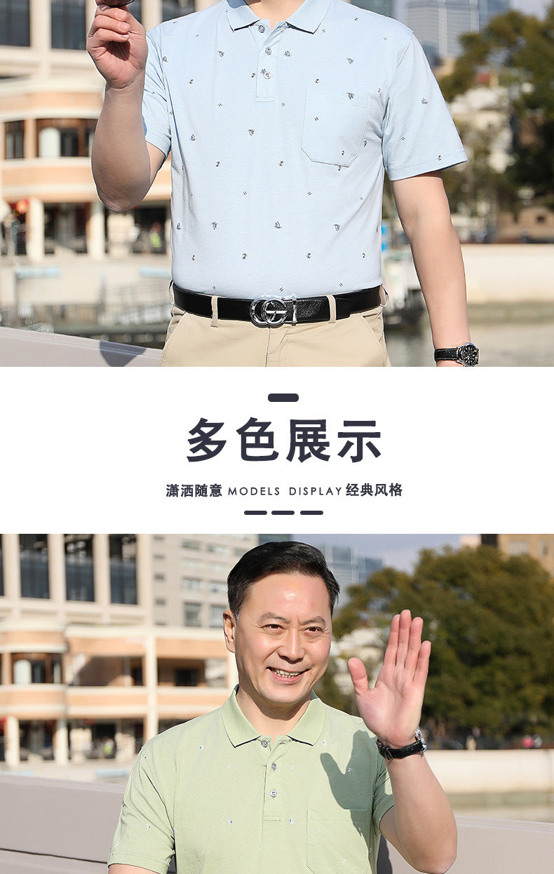 Middle-aged Men's Cotton Short-sleeved T-shirt Lapel Pocket Summer Middle-aged and Elderly plus size Half-sleeved Dad T-shirt Father