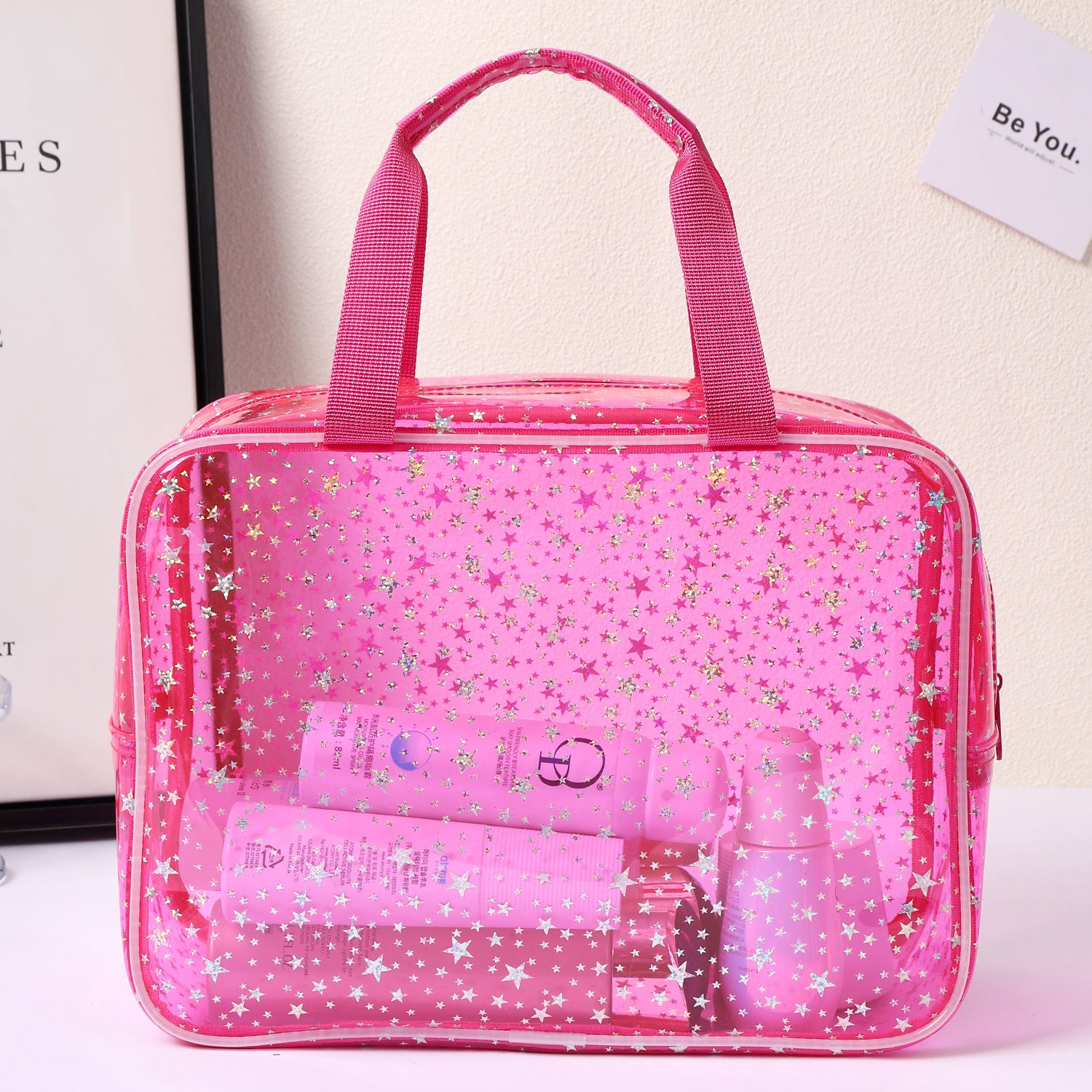 New Pvc Toiletry Makeup Brush Travel Zipper Tote Bag Cosmetic Small Star Makeup Bag Convenient and Large Capacity