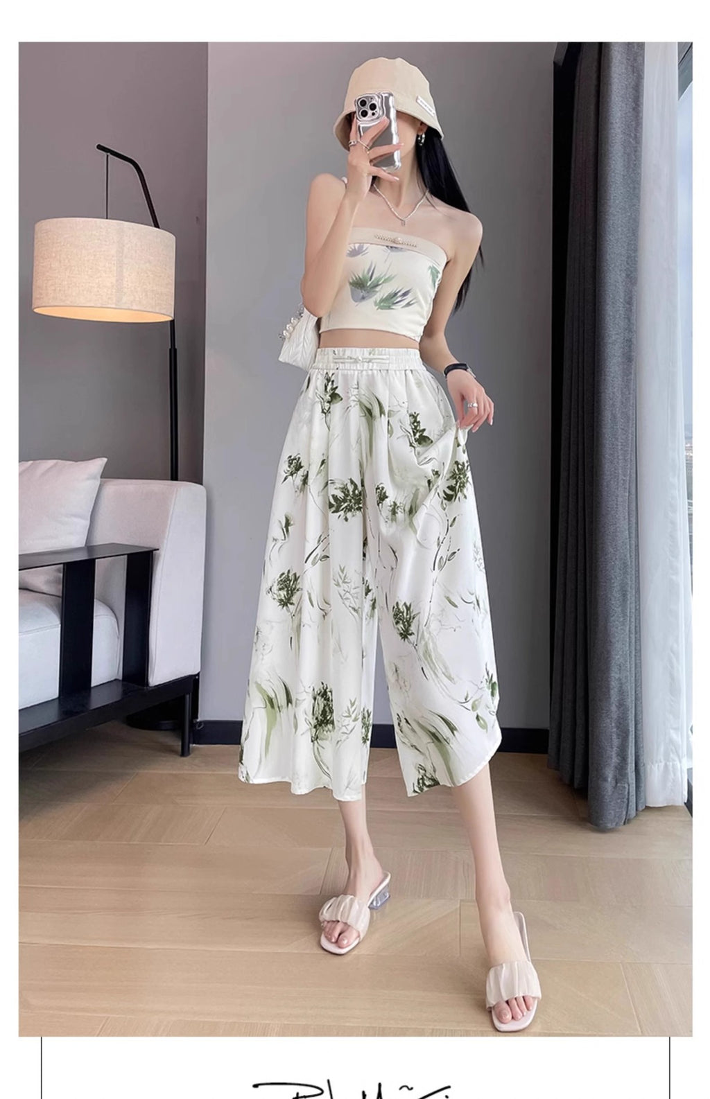 2025 Summer Thin Chiffon Wide-Leg Pants Women's Cropped Culottes Elastic Waist Small National Style Pants New Style Skirt