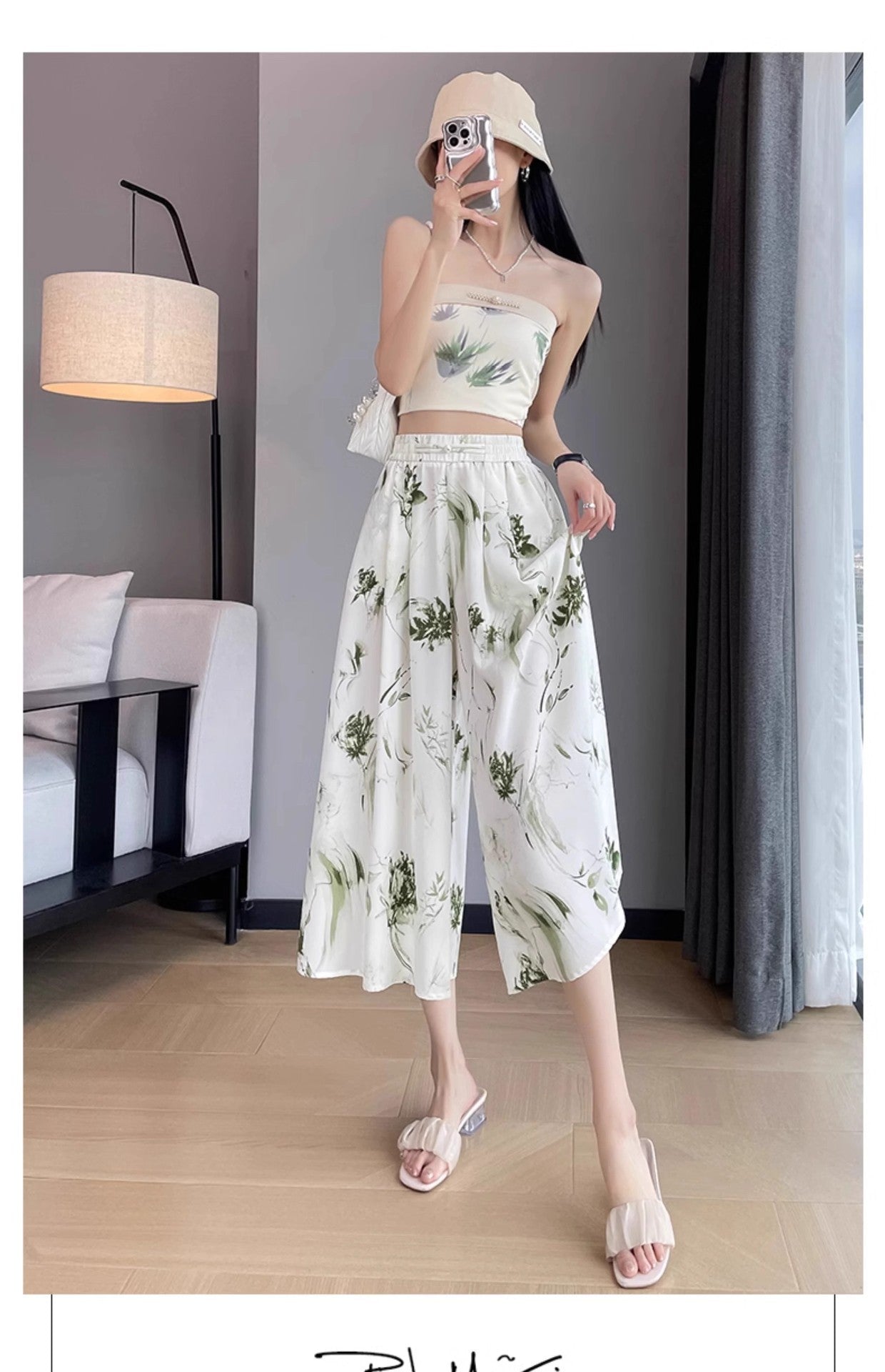 2025 Summer Thin Chiffon Wide-Leg Pants Women's Cropped Culottes Elastic Waist Small National Style Pants New Style Skirt