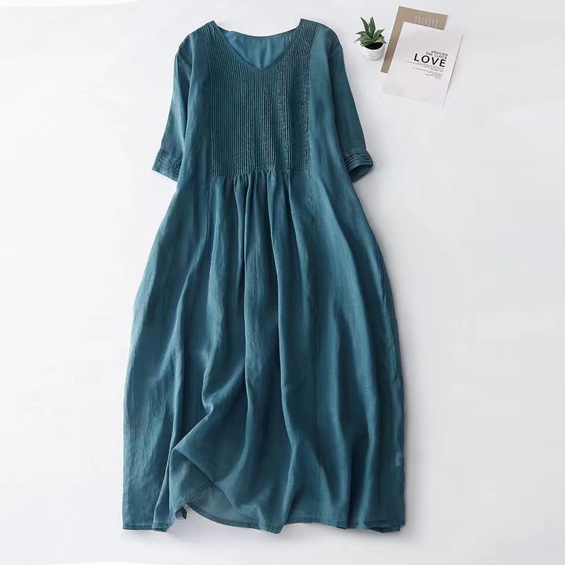 Vintage Organ Pleated Design Half Sleeve Dress Women's Artistic Solid Color V-neck Cotton Linen Cool Slimming Mid-length Dress