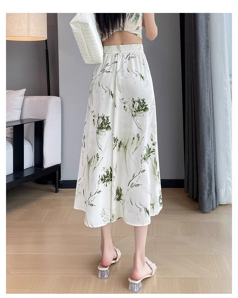 2025 Summer Thin Chiffon Wide-Leg Pants Women's Cropped Culottes Elastic Waist Small National Style Pants New Style Skirt