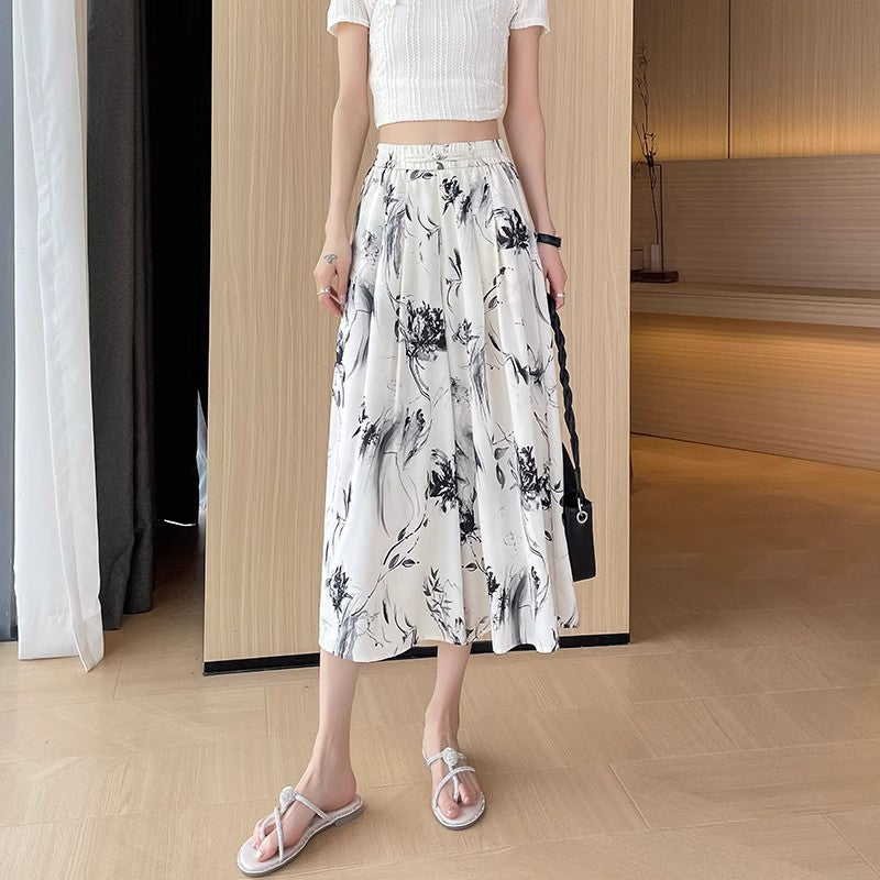 2025 Summer Thin Chiffon Wide-Leg Pants Women's Cropped Culottes Elastic Waist Small National Style Pants New Style Skirt