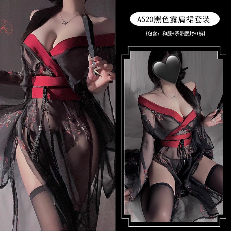 Floral Lingerie Uniform Pure Desire No Need to Take Off Printed Black Japanese Kimono Clothing Set Women A520 Erotic Kimono