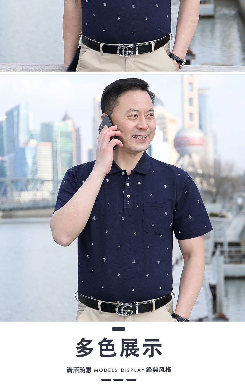 Middle-aged Men's Cotton Short-sleeved T-shirt Lapel Pocket Summer Middle-aged and Elderly plus size Half-sleeved Dad T-shirt Father