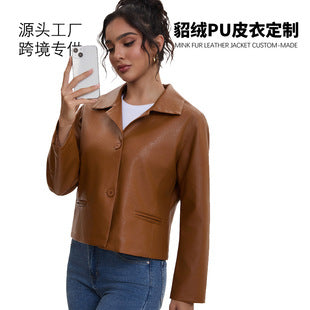Haining Spring and Autumn New Leather Jacket Single Lined Leather Jacket Women's Short Slim Motorcycle Women's Short Leather Jacket C2707