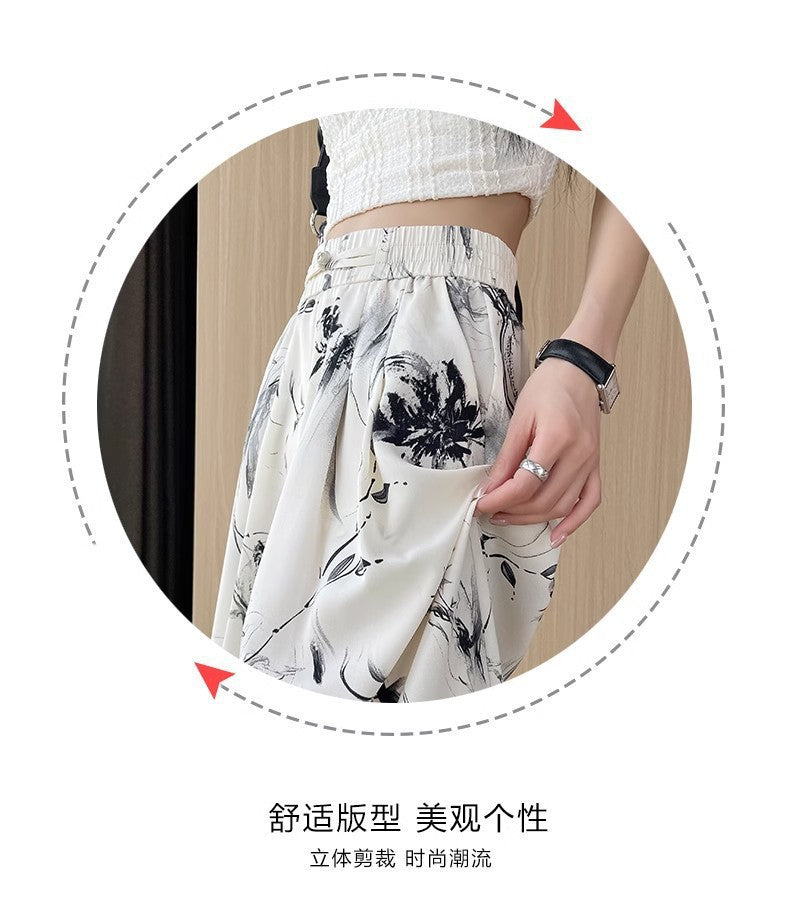 2025 Summer Thin Chiffon Wide-Leg Pants Women's Cropped Culottes Elastic Waist Small National Style Pants New Style Skirt
