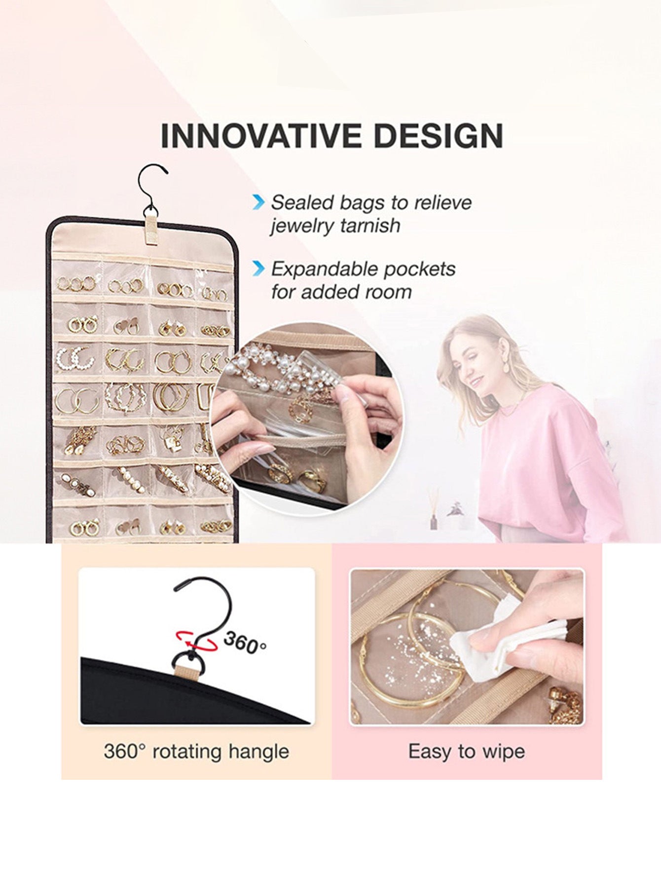 Hanging Jewelry Storage Bag Double-Sided Foldableable with Metal Hook Pvc Anti-Oxidation Suitable for Earrings, Necklaces and Rings