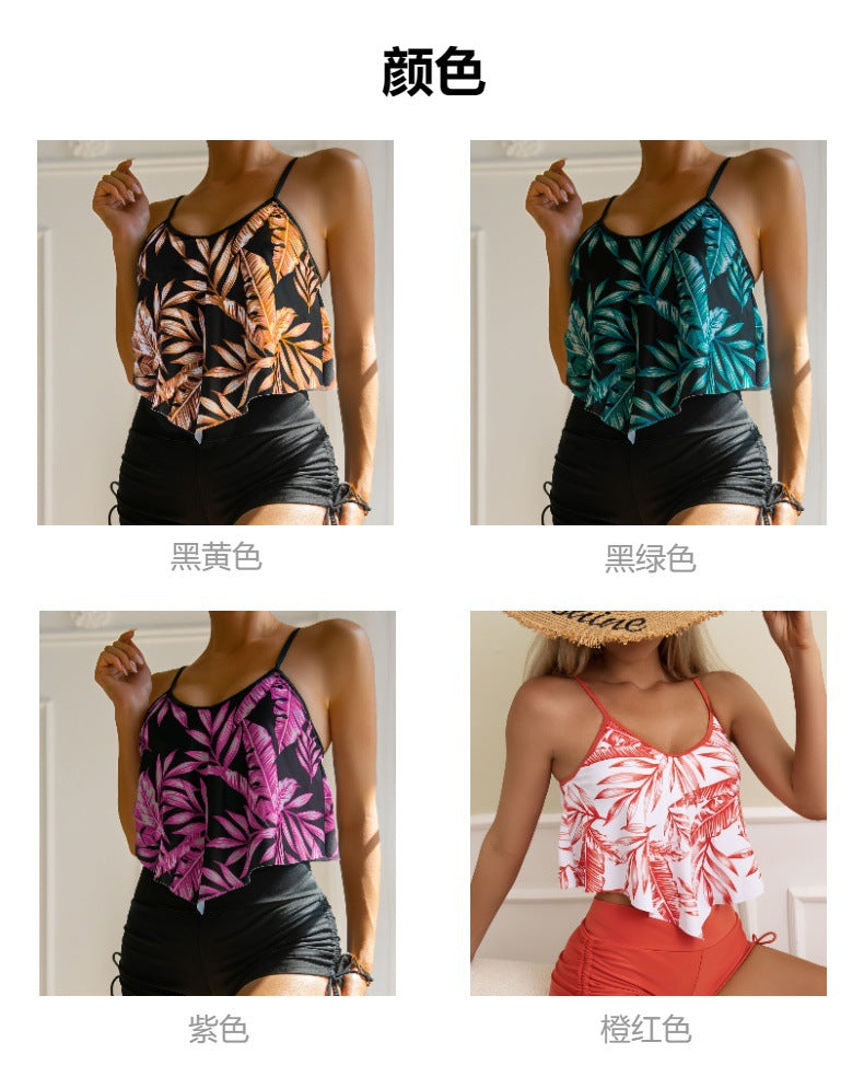 European and American New Swimwear Women's Printed Multicolor Large Lotus Leaf Corset Drawstring Boxers Amazon Cross-border Swimwear in stock