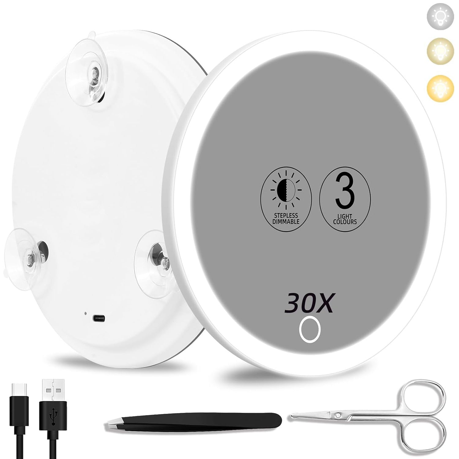 6 inch 10 times 20 times 30 times rechargeable led magnification suction cup makeup mirror 360 ° rotatable makeup mirror
