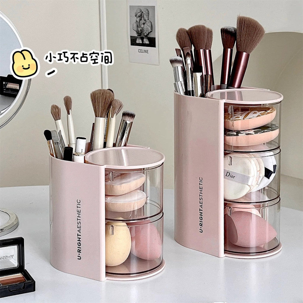 Puff Storage Box Rotating Dustproof Dressing Table Desktop Beauty Makeup Egg Air Cushion Lipstick Makeup Brush Storage Cylinder Storage Rack