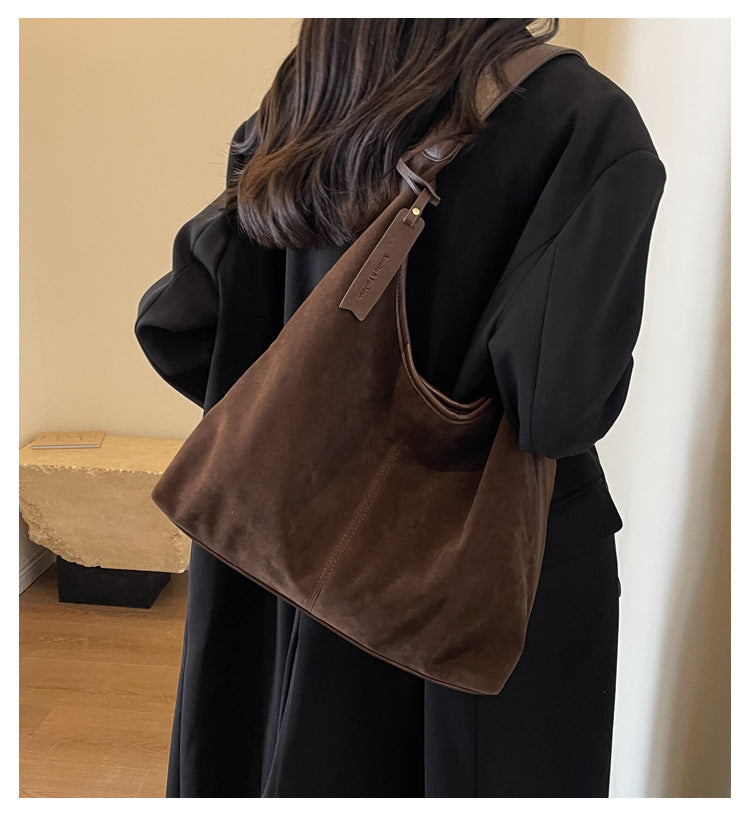 New Suede Shoulder Tote Bag, Fashionable, Simple, Lazy Style, Large Capacity Women's Handbag, Bucket Bag, Mommy Bag