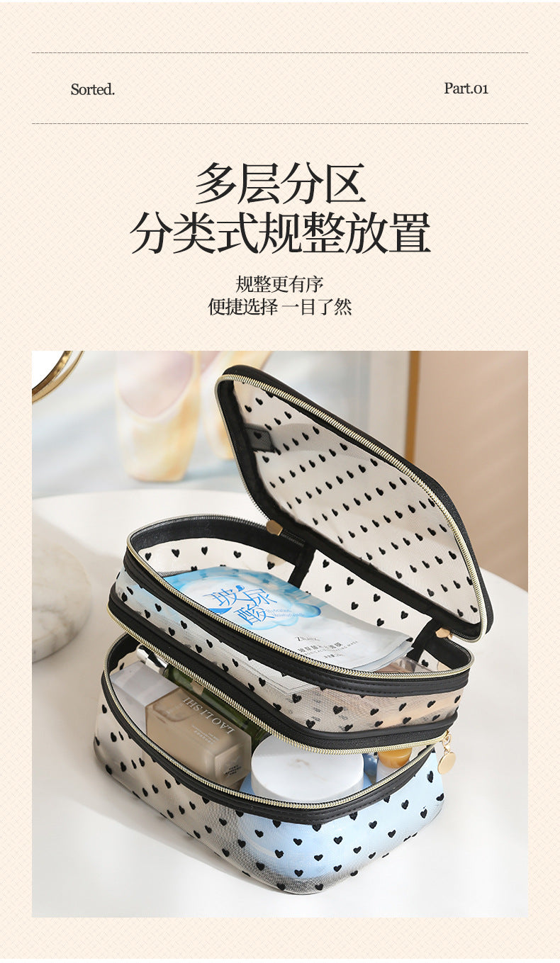 New Style Heart-Shaped Portable Makeup Bag, Single/Double Layer Cosmetic Storage Bag, Simple Mesh Makeup Bag, Travel Makeup Bag