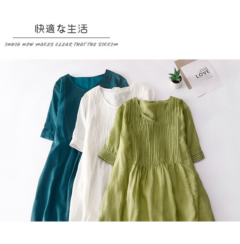 Vintage Organ Pleated Design Half Sleeve Dress Women's Artistic Solid Color V-neck Cotton Linen Cool Slimming Mid-length Dress