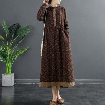Spring New 2023 Vintage Printed Lace-up Waist Lace Small Floral Base Large Size Women's Long Sleeve Dress