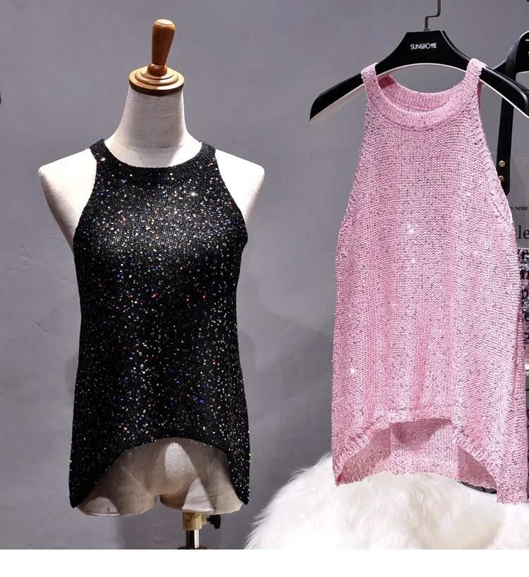 All-Match Summer New Sexy Shoulder Hanging Halter Sequin Strap Ware Shoulder Flash Knitted Hollow Vest Top for Women