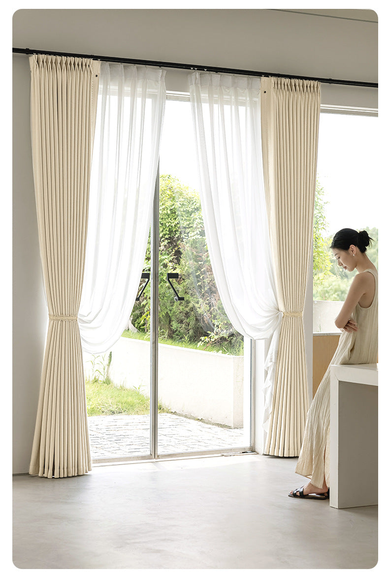 Keqiao Full Blackout Double-Sided Chenille Curtains Finished Product for Bedroom, High-End Modern Minimalist Cream Style Shaoxing Curtains