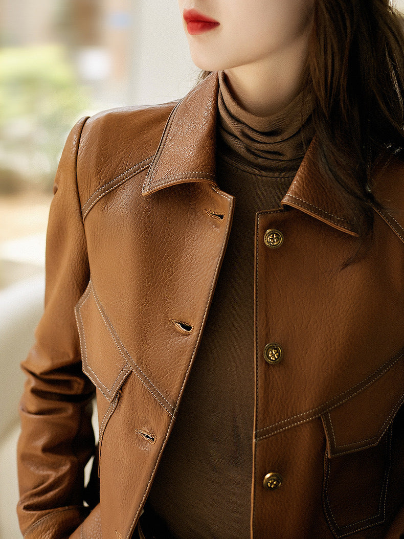 Haining Spring and Autumn New Leather Jacket Single Lined Leather Jacket Women's Short Slim Motorcycle Women's Short Leather Jacket C2707
