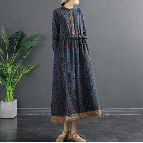 Spring New 2024 vintage printed lace-up waist lace small floral bottoming plus size women's long sleeve dress