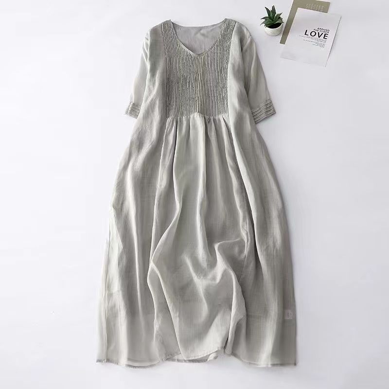 Vintage Organ Pleated Design Half Sleeve Dress Women's Artistic Solid Color V-neck Cotton Linen Cool Slimming Mid-length Dress