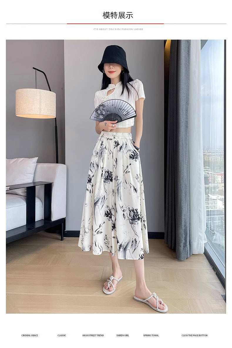 2025 Summer Thin Chiffon Wide-Leg Pants Women's Cropped Culottes Elastic Waist Small National Style Pants New Style Skirt