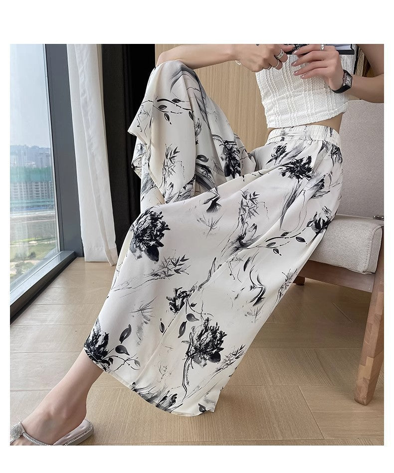2025 Summer Thin Chiffon Wide-Leg Pants Women's Cropped Culottes Elastic Waist Small National Style Pants New Style Skirt