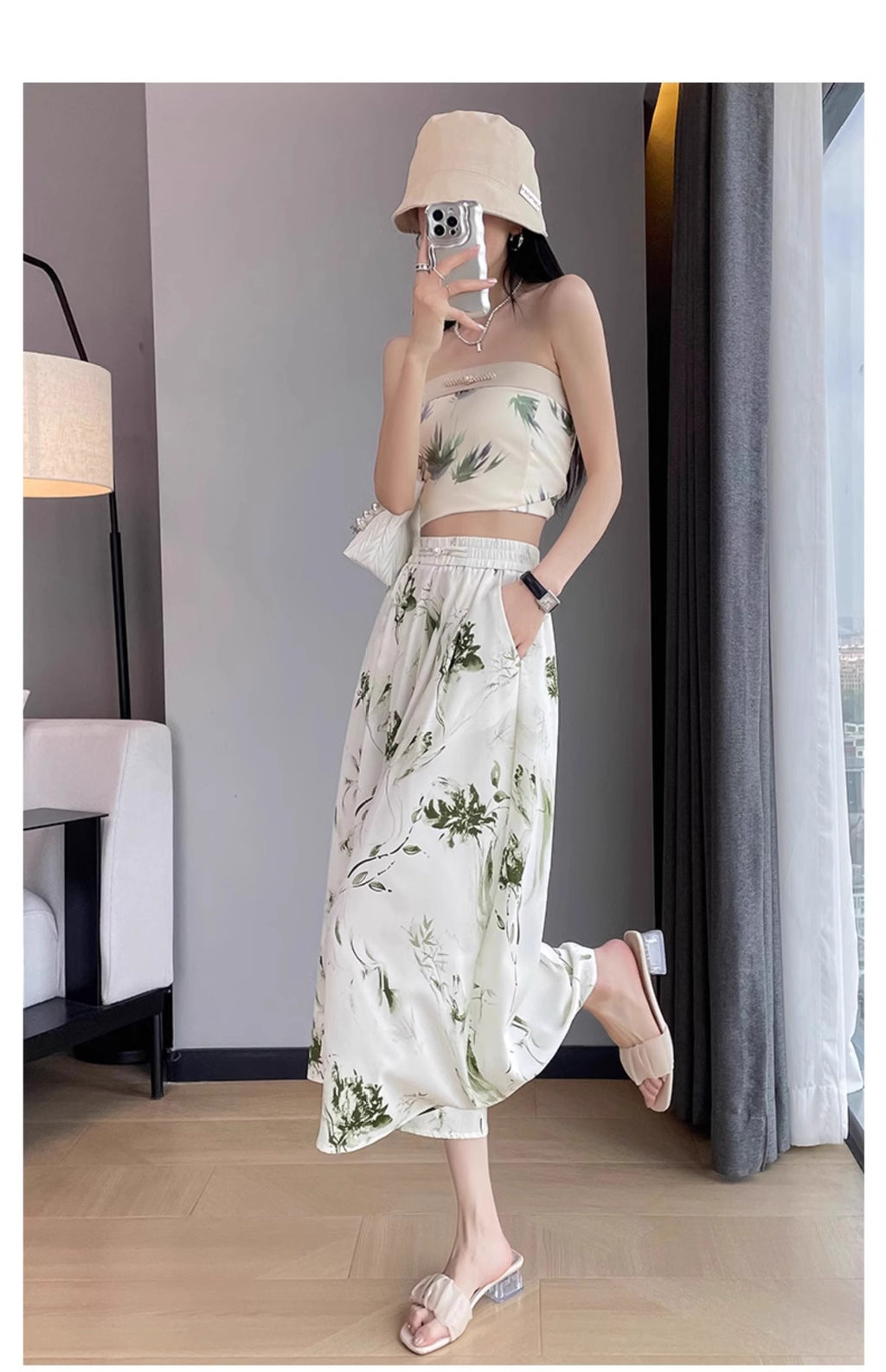 2025 Summer Thin Chiffon Wide-Leg Pants Women's Cropped Culottes Elastic Waist Small National Style Pants New Style Skirt